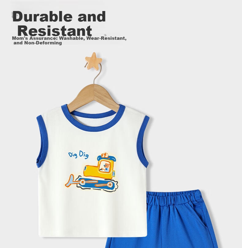 Badibadi Summer Baby Toddler Cotton Set Sleeveless Vest Shorts Unisex Baby Light Gray Cat Fishing 110 11