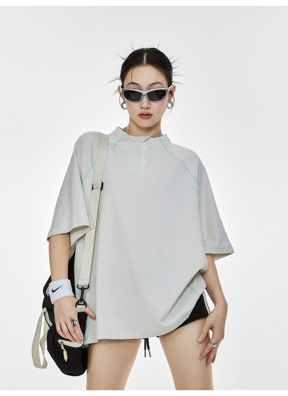 ICH MODE Women's American Style Outdoor Quick-Dry Cooling Short Sleeve T-Shirt Summer Loose Half Sleeve Zip Sports Top Advanced Gray S 7