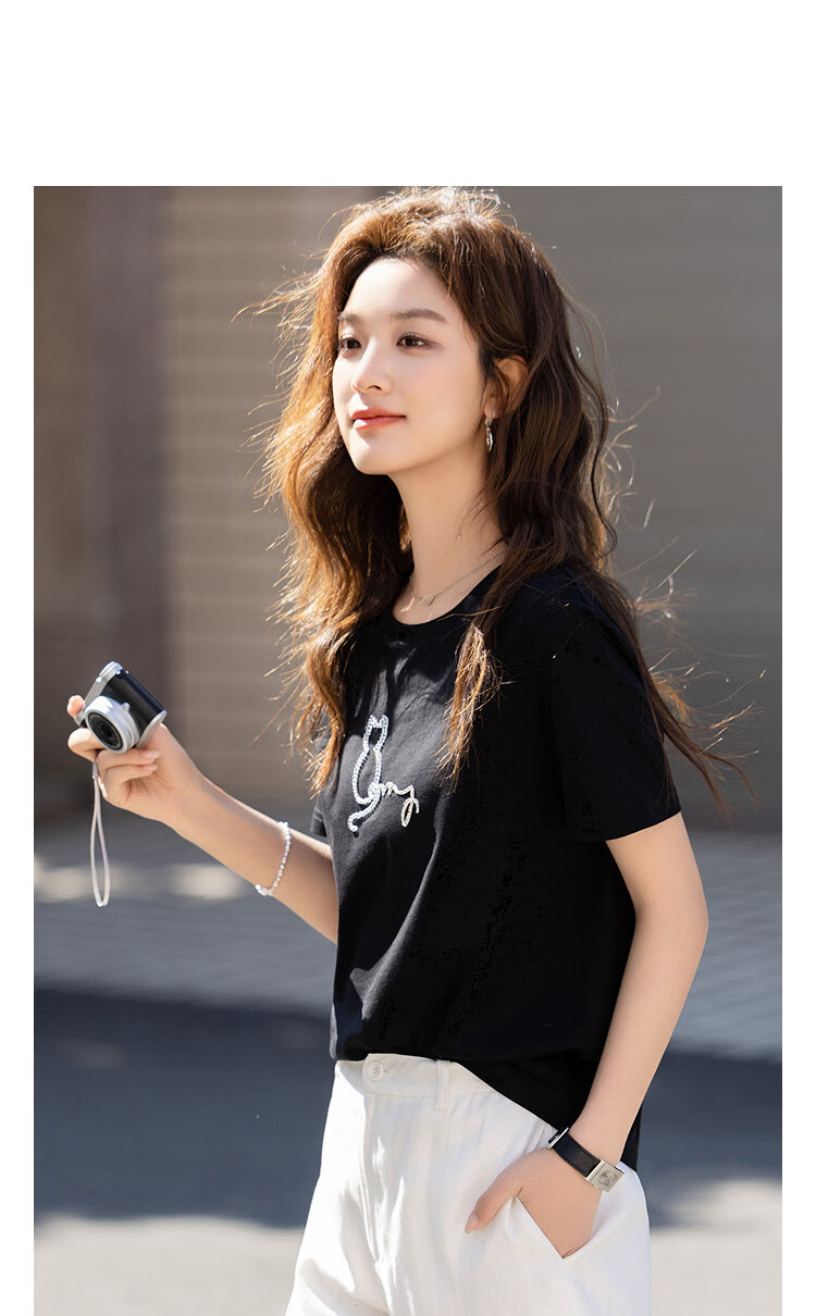 Demana [Comfort & Ease] Summer Simple Handmade Beaded Skin-friendly Cotton Spandex Slimming Short Sleeve T-shirt for Women High-end Feel 12