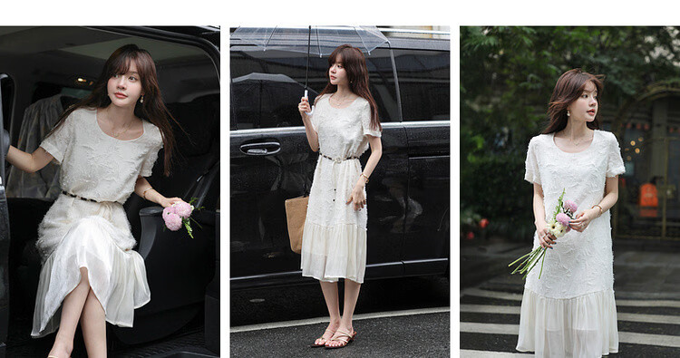 MT French Jacquard Art Summer Elegant U-Neck Patchwork Straight Dress Long Petite Women's Dress 5