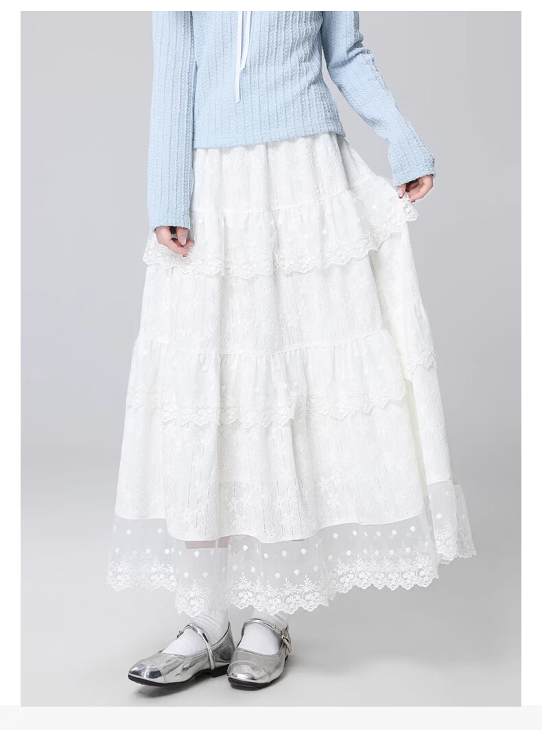 Langsha White Lace Cake Layered High-Waist A-Line Midi Skirt for Women Spring Summer Slim Fit Flowing Fairy Skirt 2