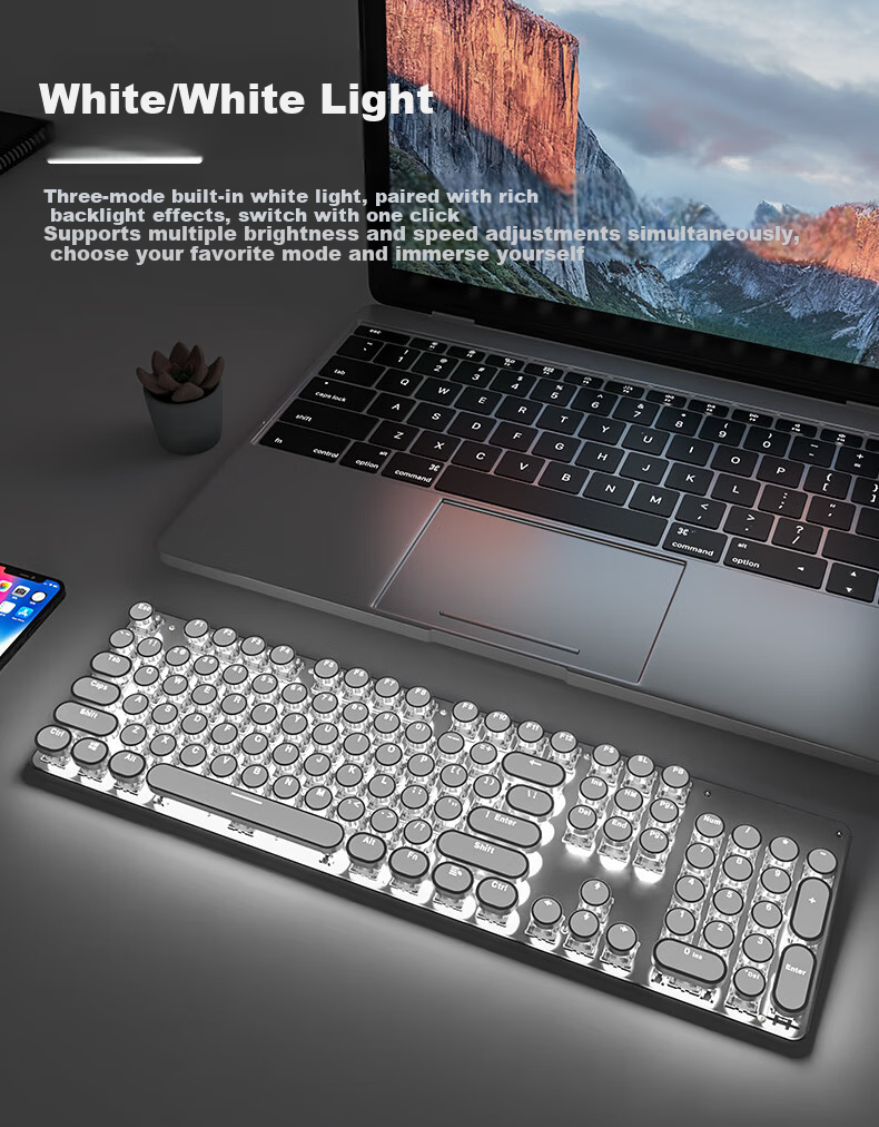 EWEADN TK950 Wireless Bluetooth Punk Mechanical Keyboard Wired Tri-mode Office Gaming Universal Computer Laptop Esports Black Switch Retro Peripheral 104 Keys White White Backlight 10