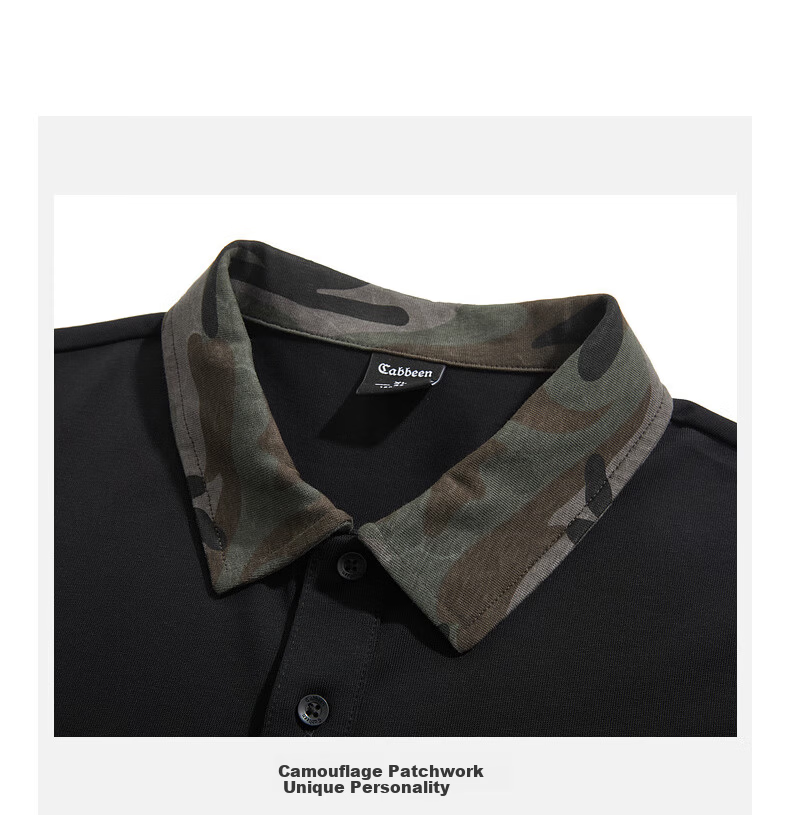 CABBEEN 280G Cotton Plain Weave Camouflage Patchwork Collar Men's Embroidered Long Sleeve Polo Shirt Coal Black 7