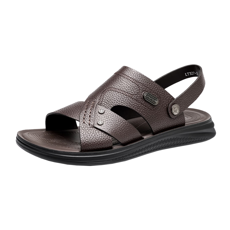 LAORENTOU Men's Summer Sandals Beach Shoes First Layer Cowhide Dual-Use Slippers Leather Sandals LT327 Brown Size 41