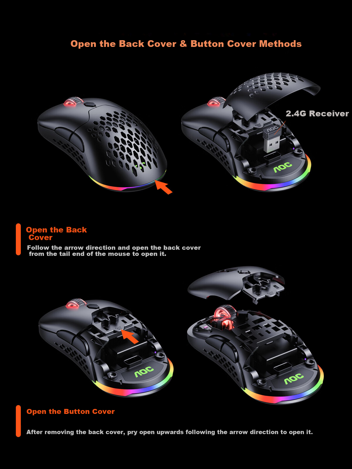 AOC GM530 Wireless Bluetooth Tri-Mode Laser Gaming Mouse RGB Backlit Replaceable Top Cover Left and Right Button Micro Switches White 6