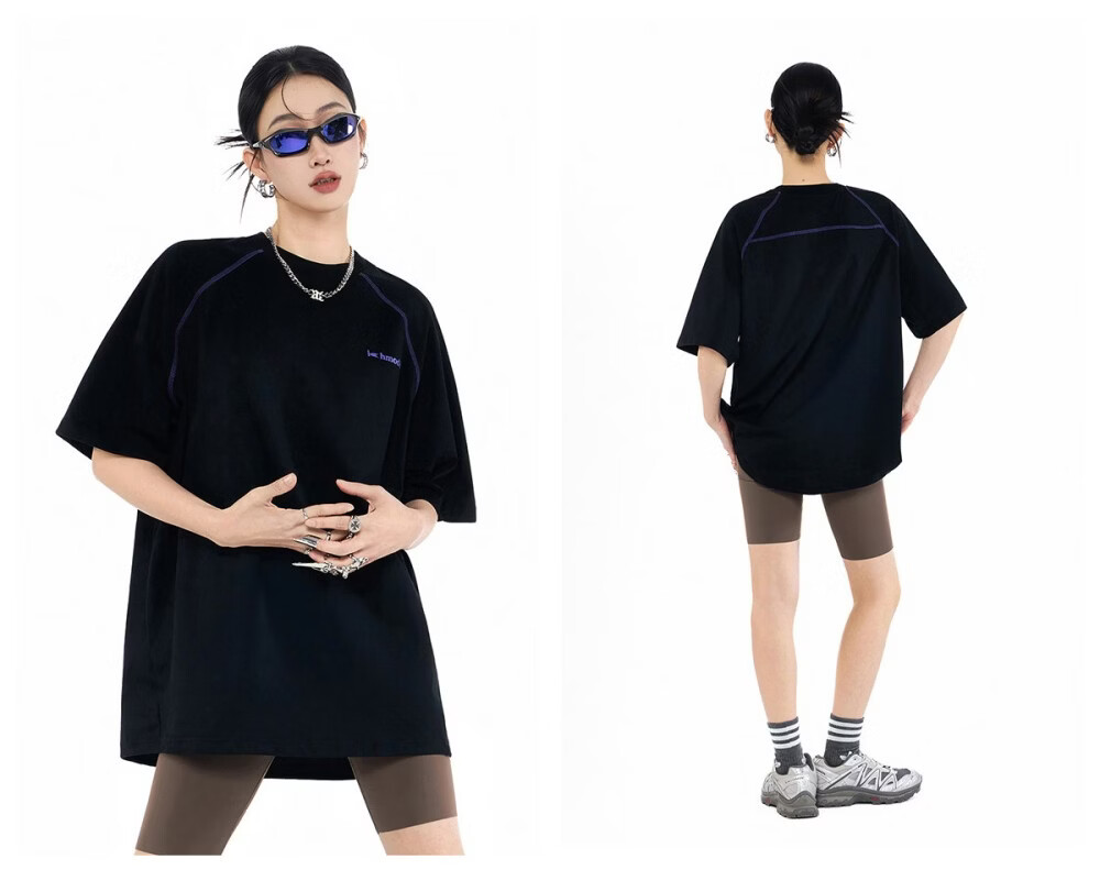 ICH MODE Hasselblad Line Round Neck Short Sleeve T-Shirt Women Summer New Outdoor Sports Half Sleeve Five-Point Sleeve Top Black M 18
