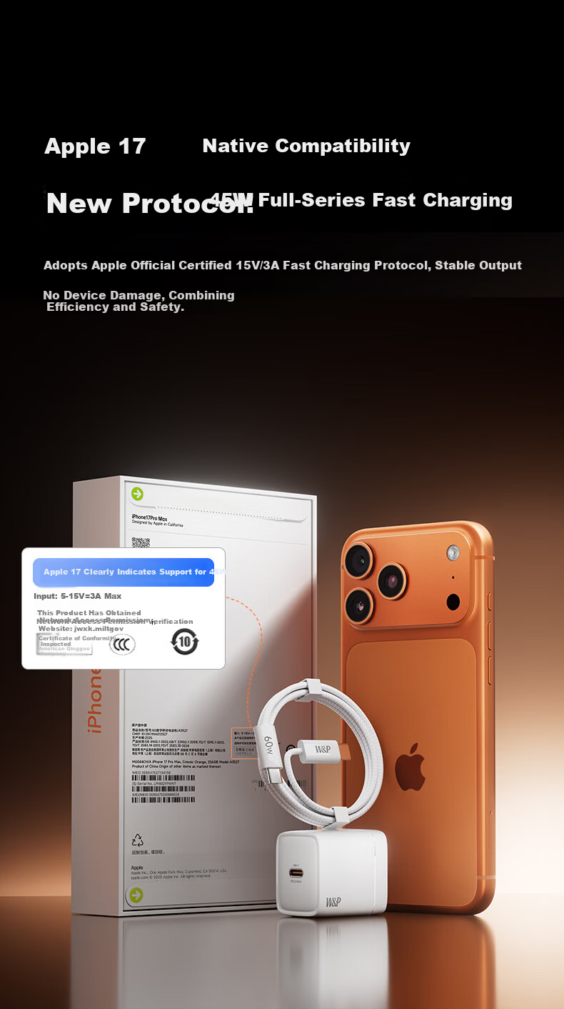 W&P 2026 Model Low-Temperature Fast Charger Apple iPhone 17 Pro Max Charger Foldable Plug GaN Low-Temperature 3C Certified 45/35W 2