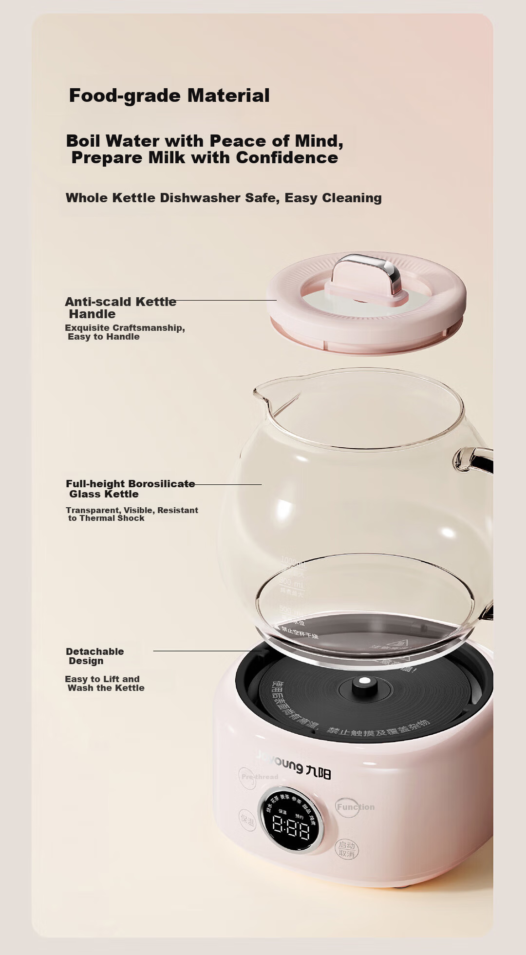 Joyoung 1L Glass Health Pot Temperature Control Kettle Multifunctional Tea Kettle Office Flower Tea Kettle No Glue Water Boiler 24H Reservation 24H Keep Warm K10D-WY102 8