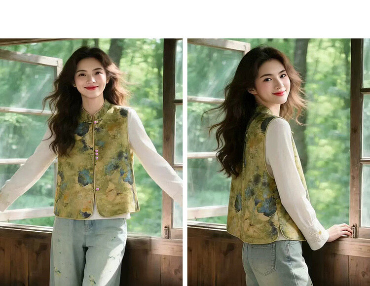 Demana [Sulaicha Color] Spring National Style New Chinese Gradient Print Stand Collar Frog Button Sleeveless Vest Jacket Women Short 11
