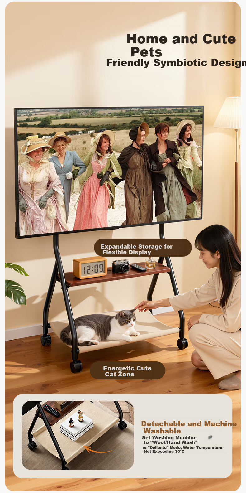CABTE 32-75 Inch Mobile TV Stand Cat Climbing Frame Cart Art Cart 32/43/55/65 Inch TV Mount Mobile TV Cart Universal TV Trolley 4