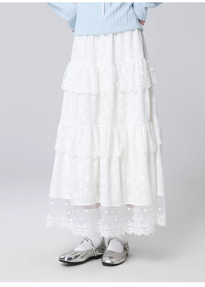 Langsha White Lace Cake Layered High-Waist A-Line Midi Skirt for Women Spring Summer Slim Fit Flowing Fairy Skirt 24