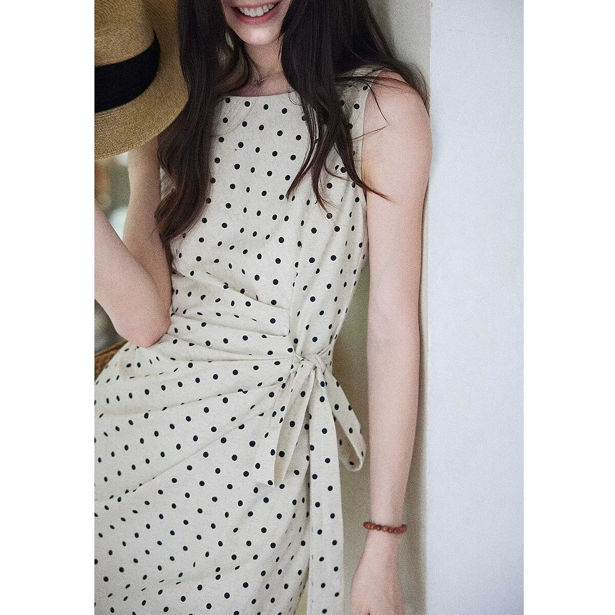 Demana [South of France Holiday] Summer French Elegant Polka Dot Round Neck Sleeveless Side Slit Waist Cinched Dress for Women Premium Quality