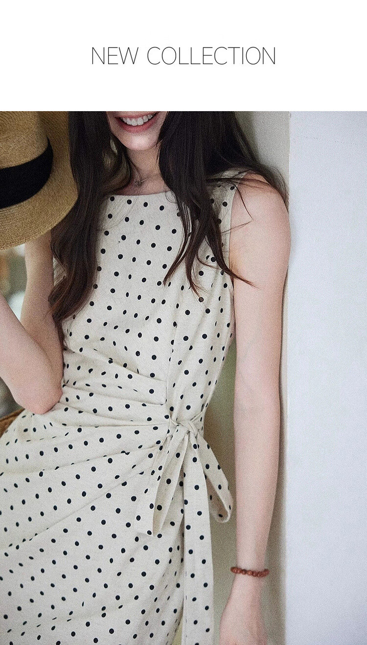 Demana [South of France Holiday] Summer French Elegant Polka Dot Round Neck Sleeveless Side Slit Waist Cinched Dress for Women Premium Quality 1