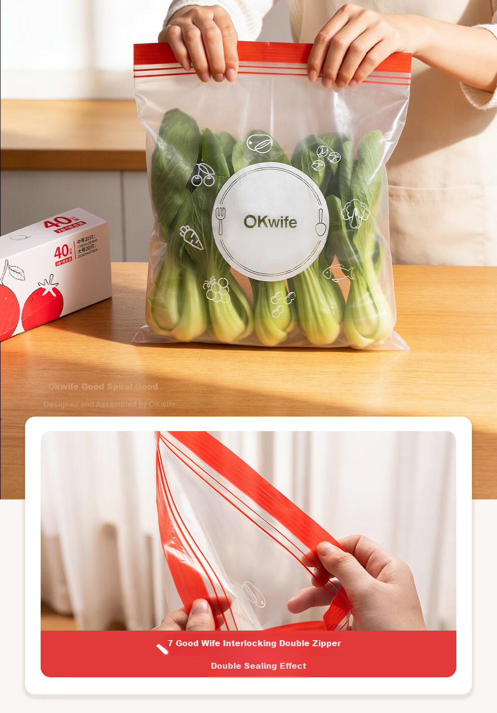 Good Wife Food Sealing Bags 40pcs Mixed Sizes Thickened Double-Strap Seal Household Refrigerator Fresh-Keeping Bags 8