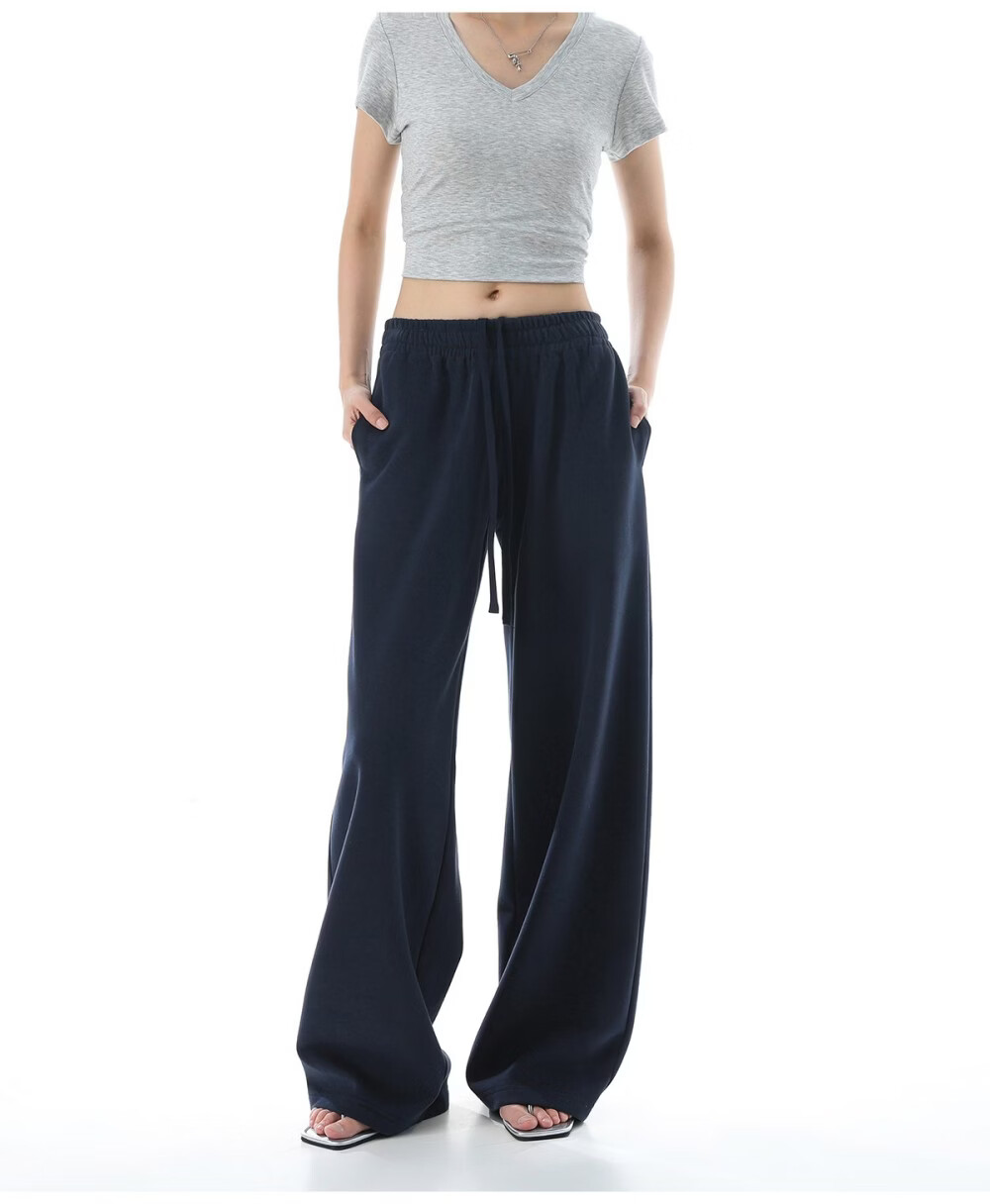 ICH MODE Solid Color Drawstring Women's Sports Pants New Loose Straight-Leg Draped Wide-Leg Casual Trousers Navy Blue S 15