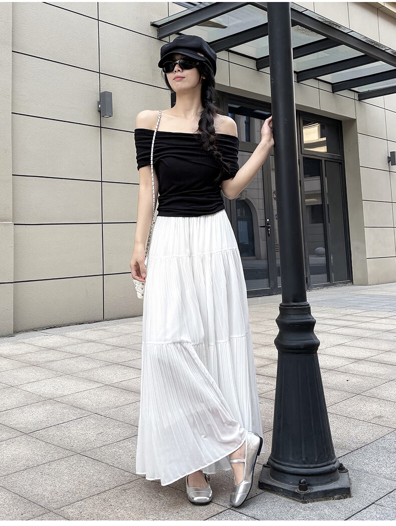 Langsha Pleated Mesh Midi Skirt for Women Spring Summer Draped Chiffon Cake Skirt High Waist Slim A-Line Flared Skirt 20