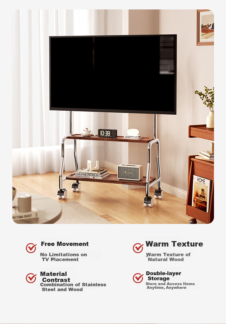 Kaiqi 32-75 Inch Mobile Stainless Steel TV Stand Art Floor Mount for Hisense TCL Thunderbird Huawei Smart Screen Xiaomi and More 9