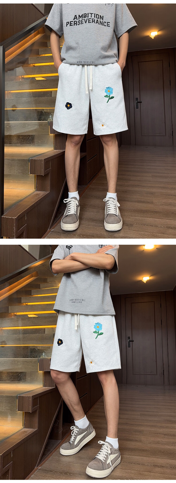 Dingfengbaoluo Cotton Feel Casual Sports Shorts Men Summer Loose Floral Embroidery Simple Five-Point Pants SJ44 White Flower Gray M 4