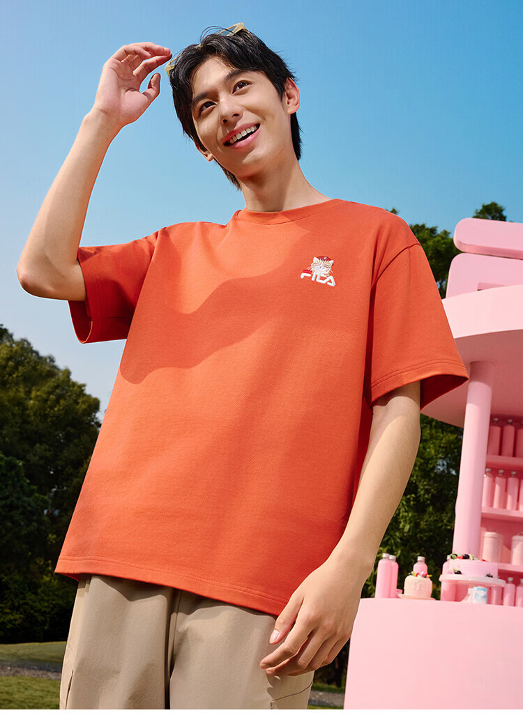 FILA Official 2026 Summer Couple Short Sleeve T-Shirt Casual Loose Fit Cotton Cat Knit Tee 34