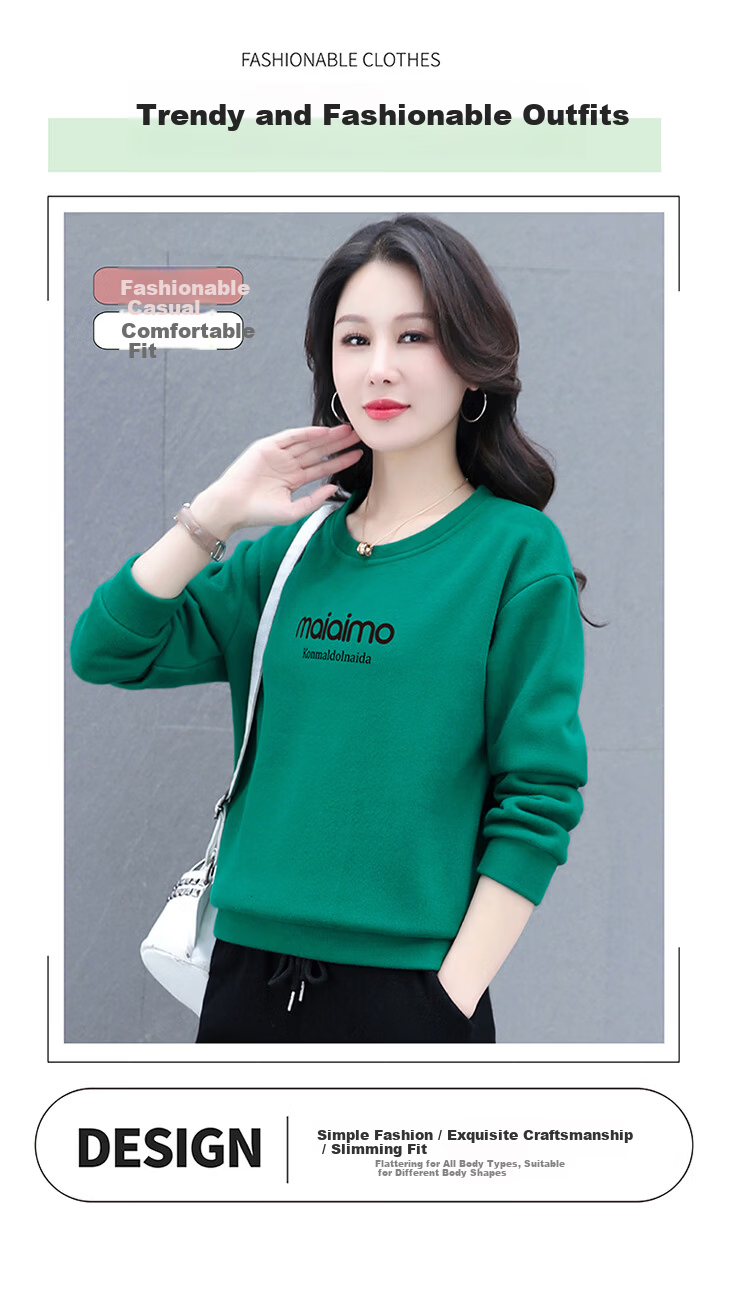 Woodpecker Women's Long Sleeve T-Shirt Autumn New Mid-Age Slim Fit Fashionable Base Sweatshirt Wine Red 4XL 3