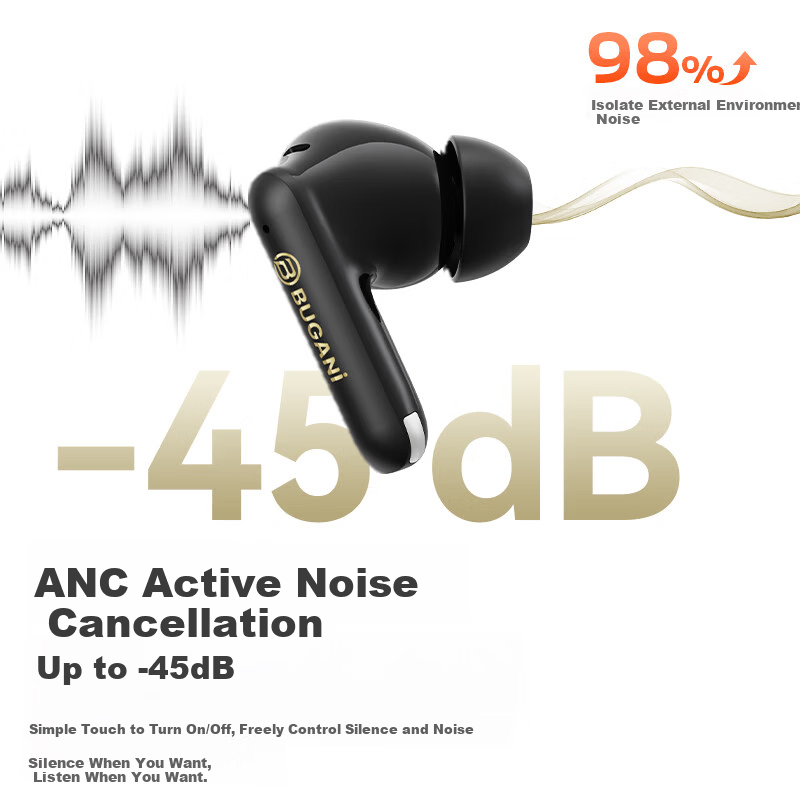 BUGANI Freebuds B20 Wireless Bluetooth In-Ear Earphones Gaming Music Sports Headphones Active Noise Cancelling Bluetooth 6.0 Long Battery Life Black