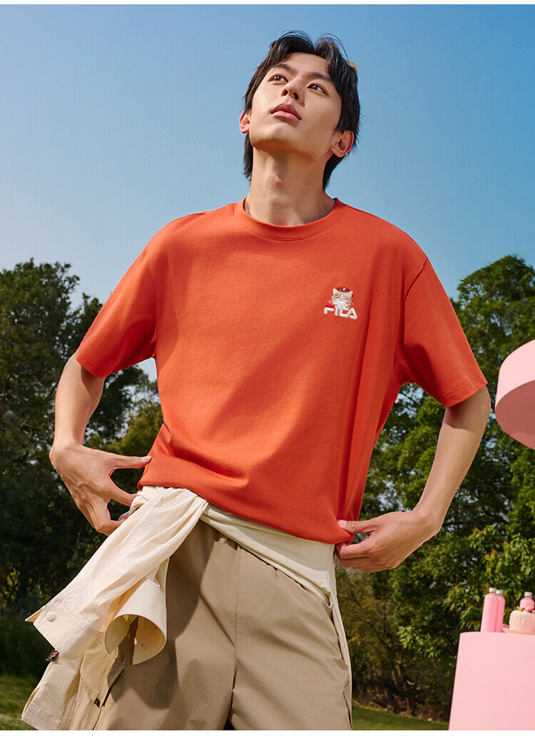 FILA Official 2026 Summer Couple Short Sleeve T-Shirt Casual Loose Fit Cotton Cat Knit Tee 36