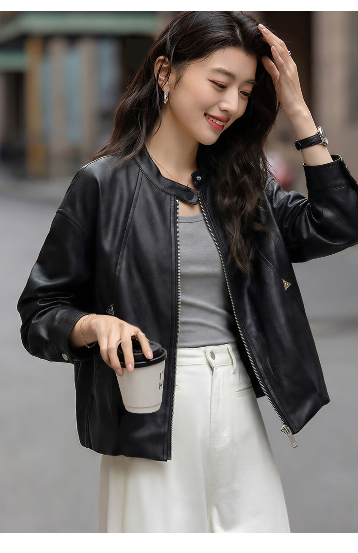 Chushen Spring Autumn Casual Short Jacket Women Black Stand Collar Zipper Slim Loose Stylish Leather Jacket Top S61D127 12