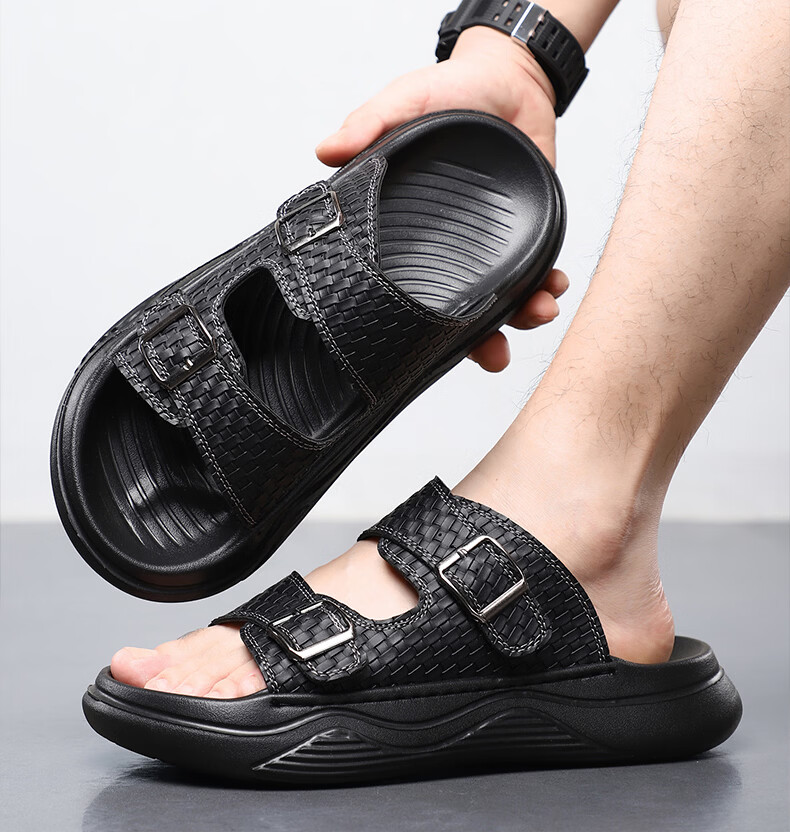 MEXICAN Spring Summer New Men's Leather Sandals Breathable Thick Soft Sole Slide Beach Shoes Black Size 44 10