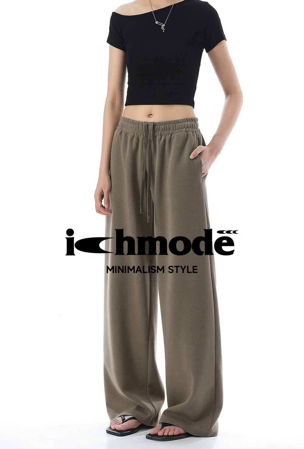 ICH MODE Solid Color Drawstring Women's Sports Pants New Loose Straight-Leg Draped Wide-Leg Casual Trousers Navy Blue S 1