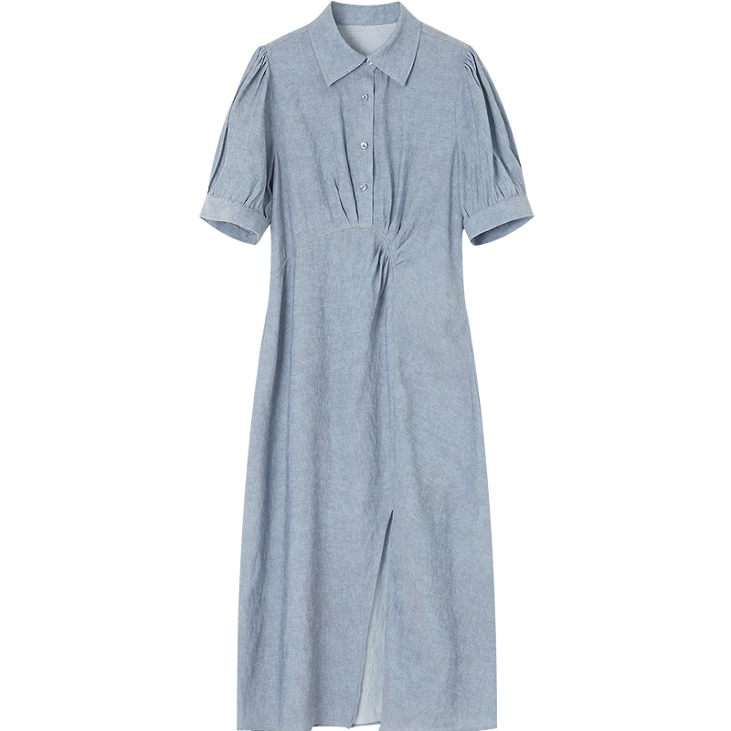 Demana [With Linen] Summer Urban Commuter Pleated Short Sleeve Turn-Down Collar Slim Straight Mid-Length Dress for Women Premium Feel