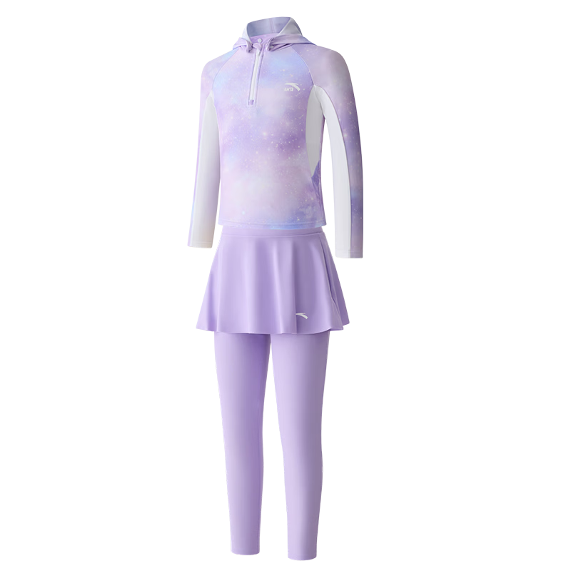 ANTA Kids Girls Two-Piece Long Sleeve Sun Protection Hooded Surfing Swimsuit Training Quick-Dry Hot Spring Swimwear 140