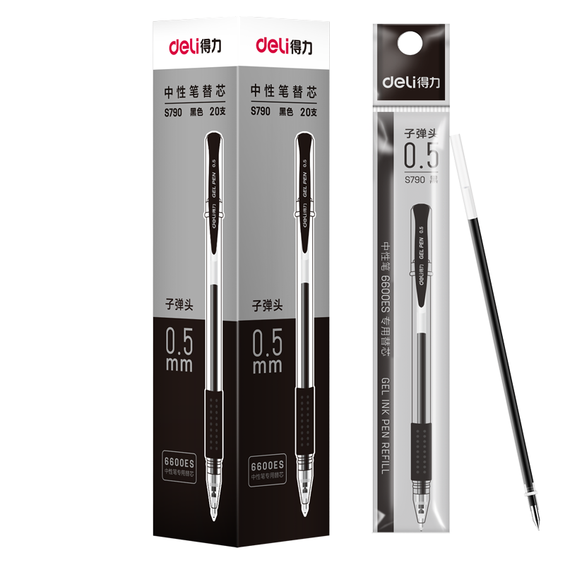 Deli Retractable Gel Pen Refills, 0.5mm Bullet Tip, Compatible with 6600/33109/Q7, Black, 20 Pieces/box, S790 Gaokao Exam