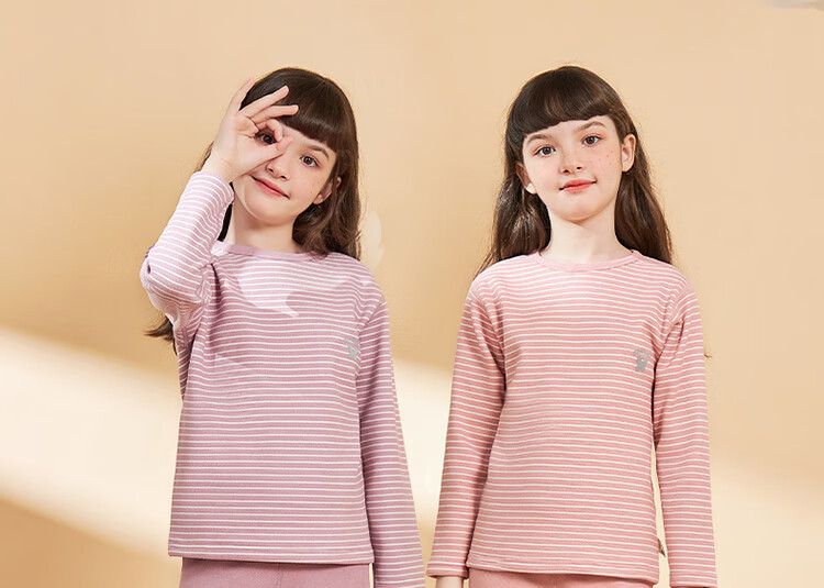 LangSha Children's Thermal Underwear Set, Girls' Autumn And Winter Yang Ion Fleece Pajamas, Home Wear, Girls' Autumn Top And Pants Set, Pink-Wide Stripes, 130 (Recommended Height 120-130cm) 1
