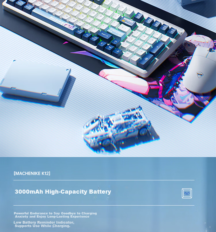 MACHENIKE K12 99-Key Triple-Mode Membrane Keyboard RGB Backlit Dustproof Water-Resistant Gaming Office Keyboard Large Capacity Battery Blue White 3