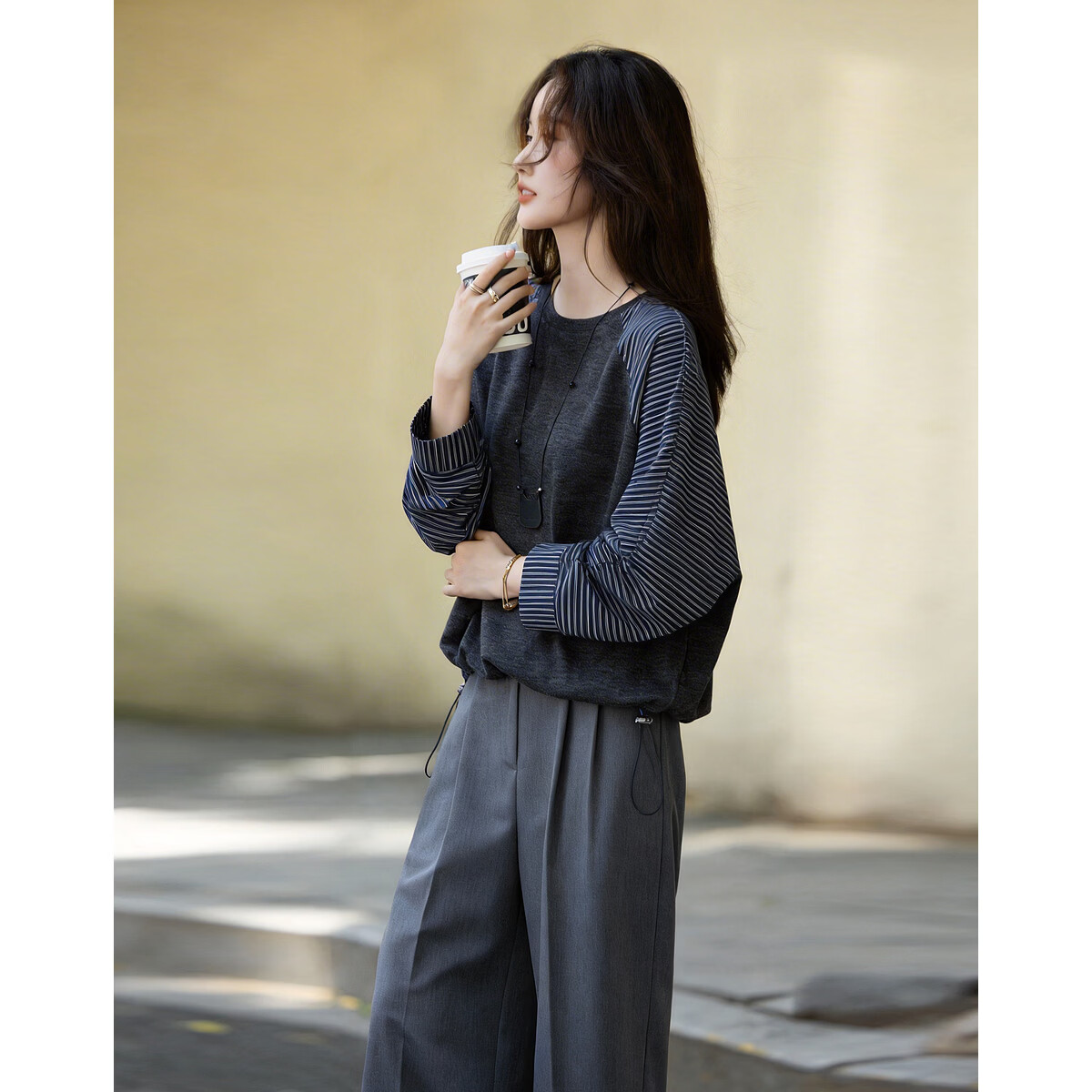 Demana [Free Relax] Autumn Simple Style Crew Neck Patchwork Striped Elastic Loose Slim Sweatshirt for Women Premium Feel