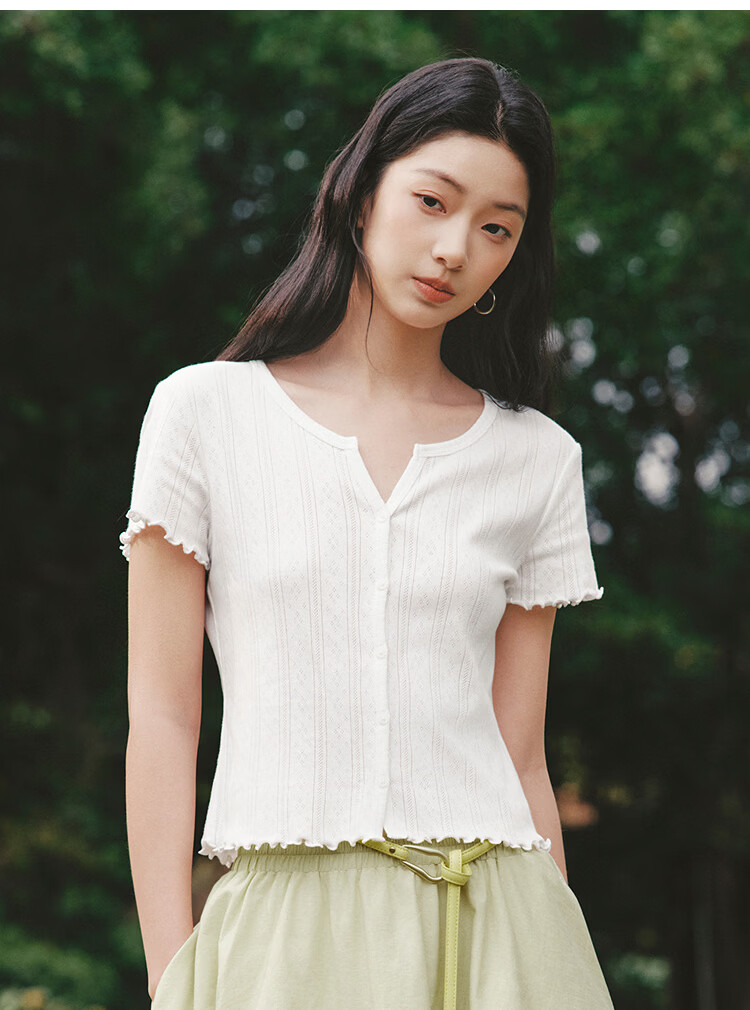 Semir Women's Summer Short Sleeve T-Shirt Short Hollow Textured Slim Fit Cotton Ruffled Edge 2026 Cardigan 109326100008 16