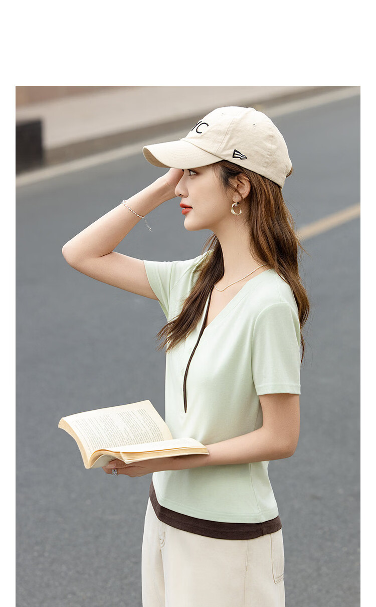 Demana [With Wool and Lyocell] Summer Color-Block Faux Two-Piece V-Neck Button High Elastic Slim Fit T-Shirt for Women Premium Feel 11