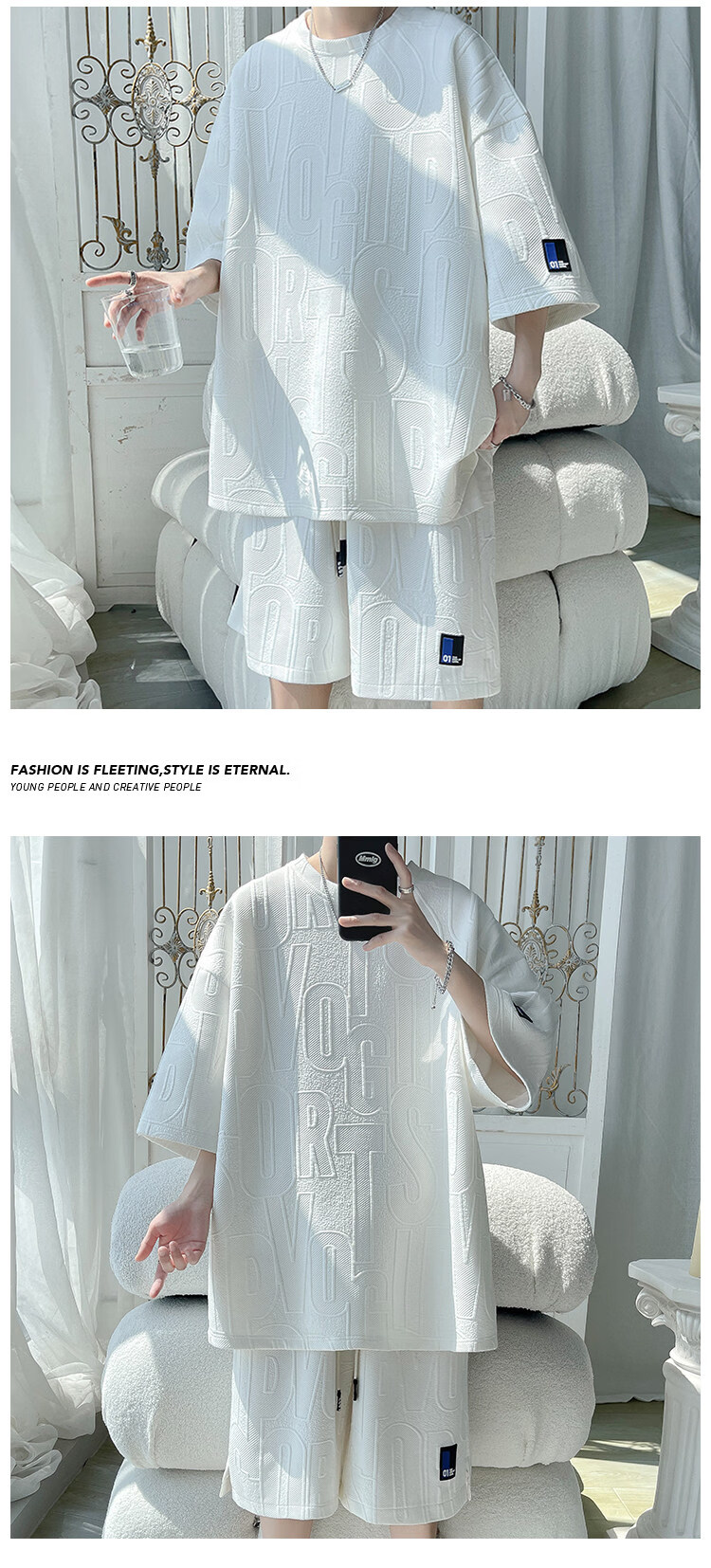 Wassup Sohot Ice Silk Short Sleeve T-Shirt Men's Set New Summer Large Size Loose Half Sleeve Shorts Two-Piece Set Apricot L 2