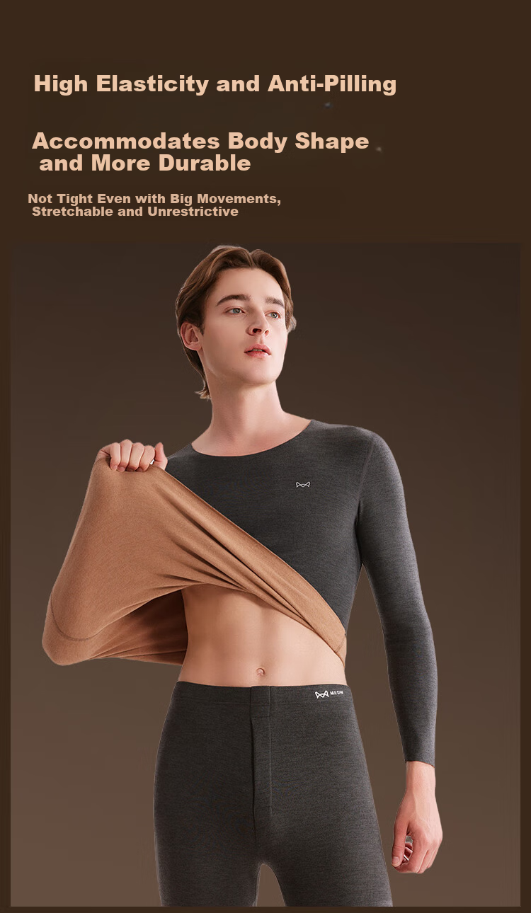 MiiOW [Camel Silk] Men's Thermal Underwear Set, De Rong Heat-Generating, Seamless, Fleece-Lined, Thickened Warm Autumn and Winter Set 9