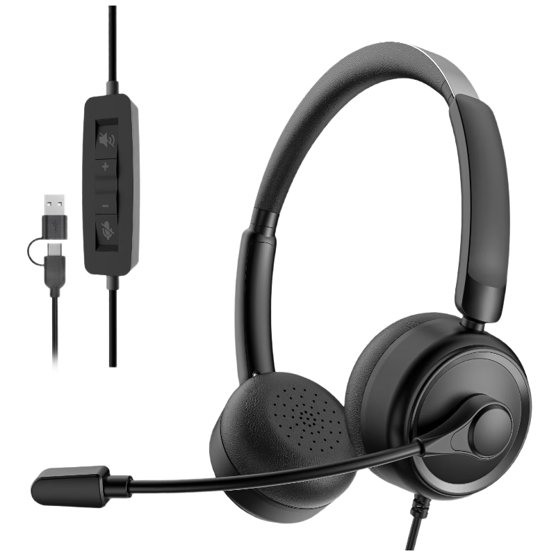 EZHK Customer Service Headset Over-Ear Noise-Cancelling Microphone Desktop Computer Headphones 2-in-1 Type-C