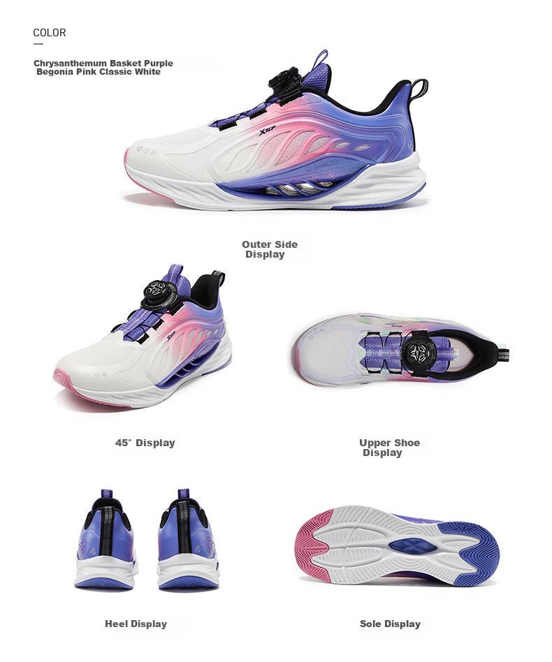 XTEP Kids Hydrogen Wind 8.0 Girls' Knob Closure Sports Shoes Navy Purple Size 40 10
