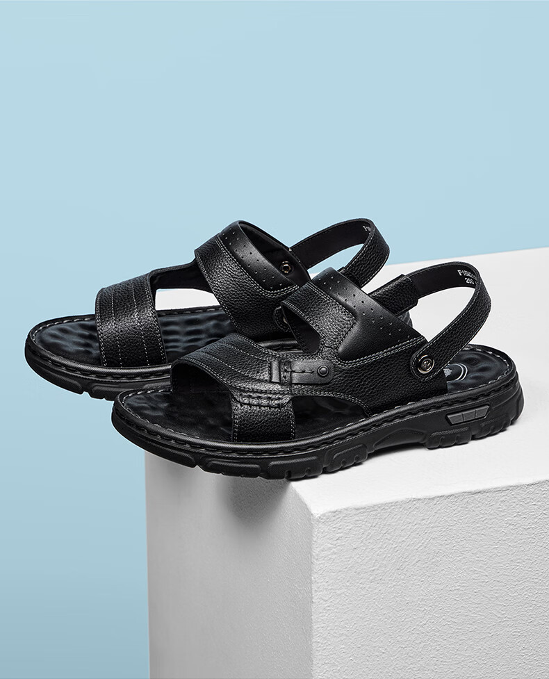 CAMEL Brand Men's Leather Sandals, Lightweight Beach Shoes, Open-Toe Breathable Dad Shoes, P16M211004, Black, Size 42 9