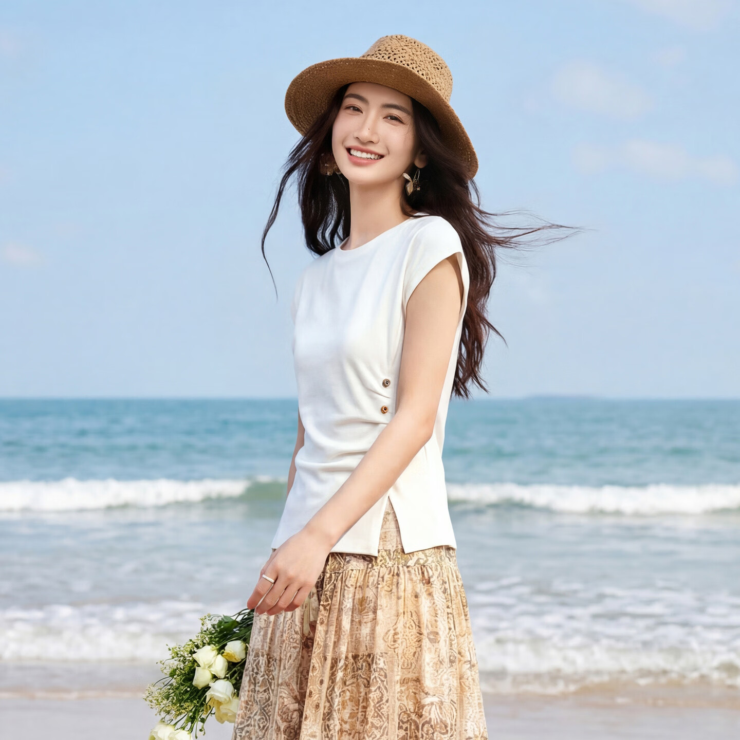 Shangdu Bila Cotton Blend Crew Neck Slim Fit Knit T-Shirt for Women Spring Summer Side Slit Color-Block Button Pleated Top