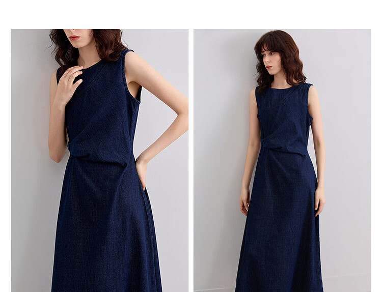 Demana [Denim Filter] Summer Vintage Round Neck Sleeveless Pleated Waist Slimming Mid-Length Denim Dress for Women 9