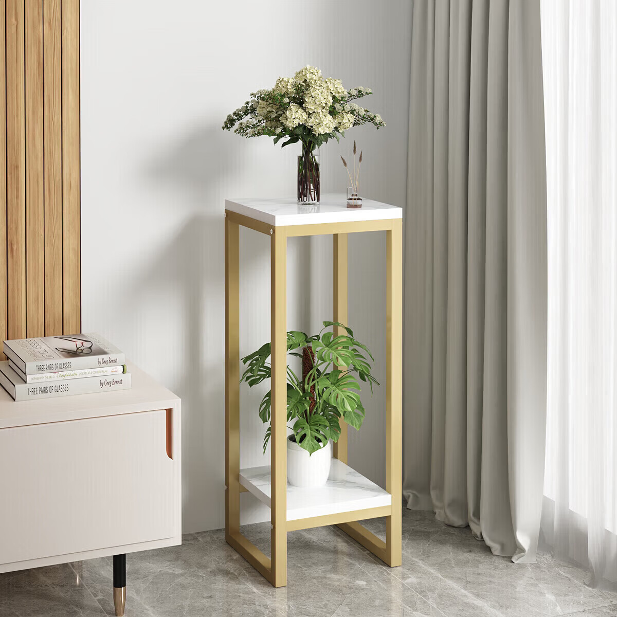Xiaojiangcai Flower Stand Living Room Floor Iron Art Column Plant Display Rack Flower Pot Holder Shelf Balcony Black White 30*90