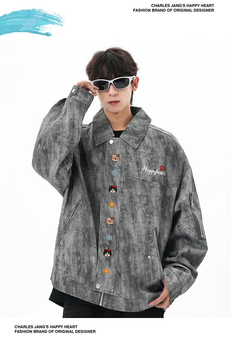 Charles Heart American Street Tie-Dye Lapel Jacket Men Spring Autumn Loose Fit Couple Dark Gray XL 14