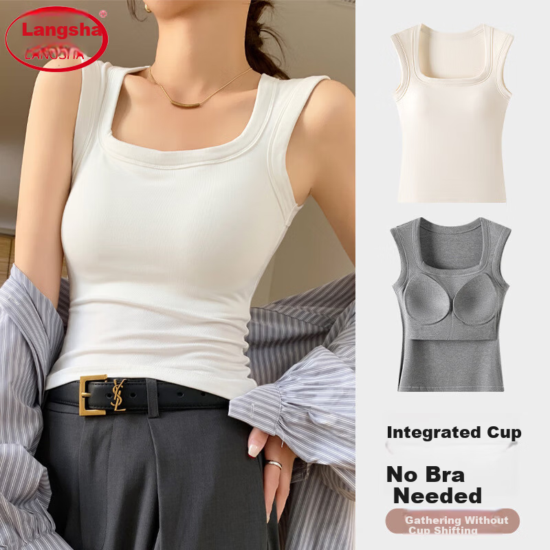 LangSha Square Neck Padded Tank Top for Women, Integrated Chest Pad, Racerback, Side Coverage, Slim Fit, Wide Shoulder Base Layer Shirt for Inner and Outer Wear