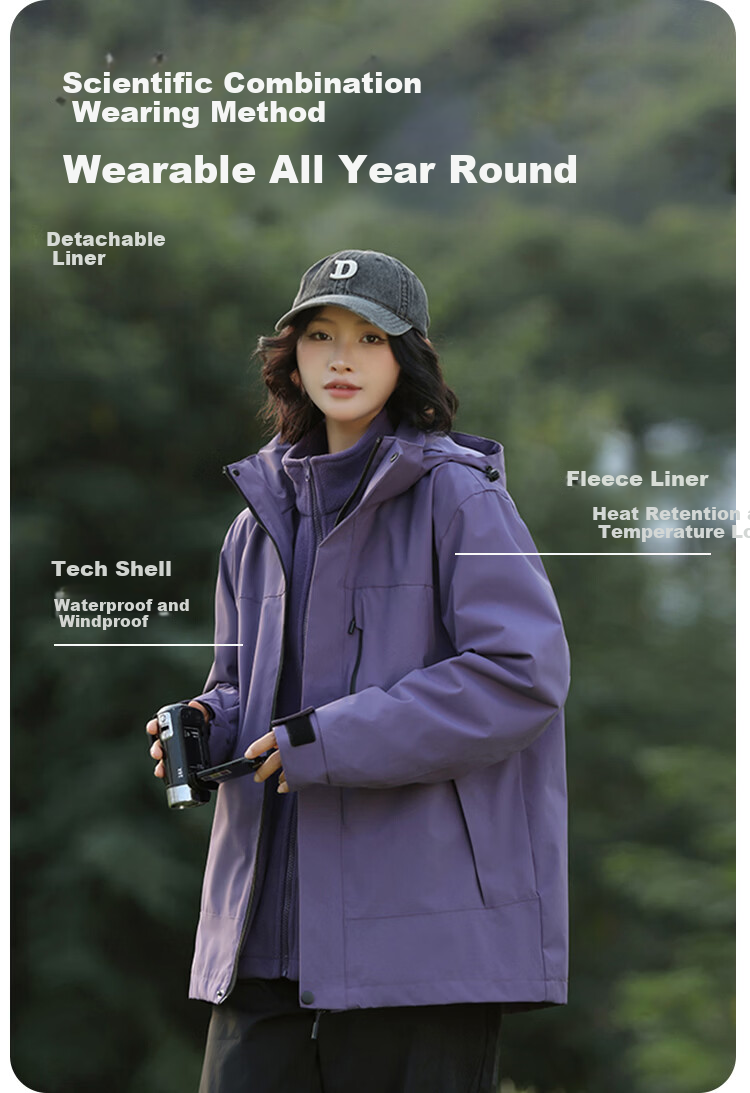 JEEP SPIRIT Unisex 3-in-1 Outdoor Windproof Waterproof Hooded Jacket Navy Blue M 11