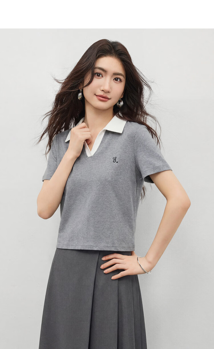 Shangdu Bila Korean Style Simple Cotton Blend T-Shirt Women Summer Polo Collar Color-Block Embroidered Casual Top Stretch Striped Short Sleeve Inner Wear 7