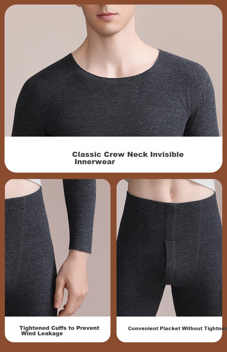 MiiOW [Goose Down, Cashmere, Silk] Men's Thermal Underwear Set, Fleece-Lined, Thickened, German Velvet Heat Retention Autumn Shirt and Pants 17